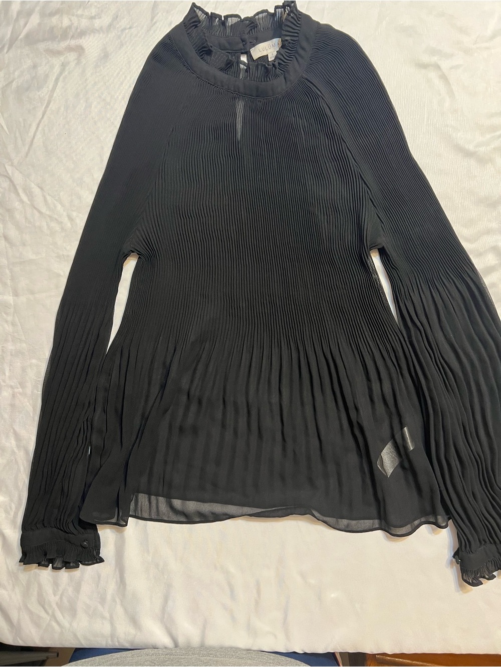 Lulumari Black Pleated Long-Sleeve Ruffle Neck Blouse